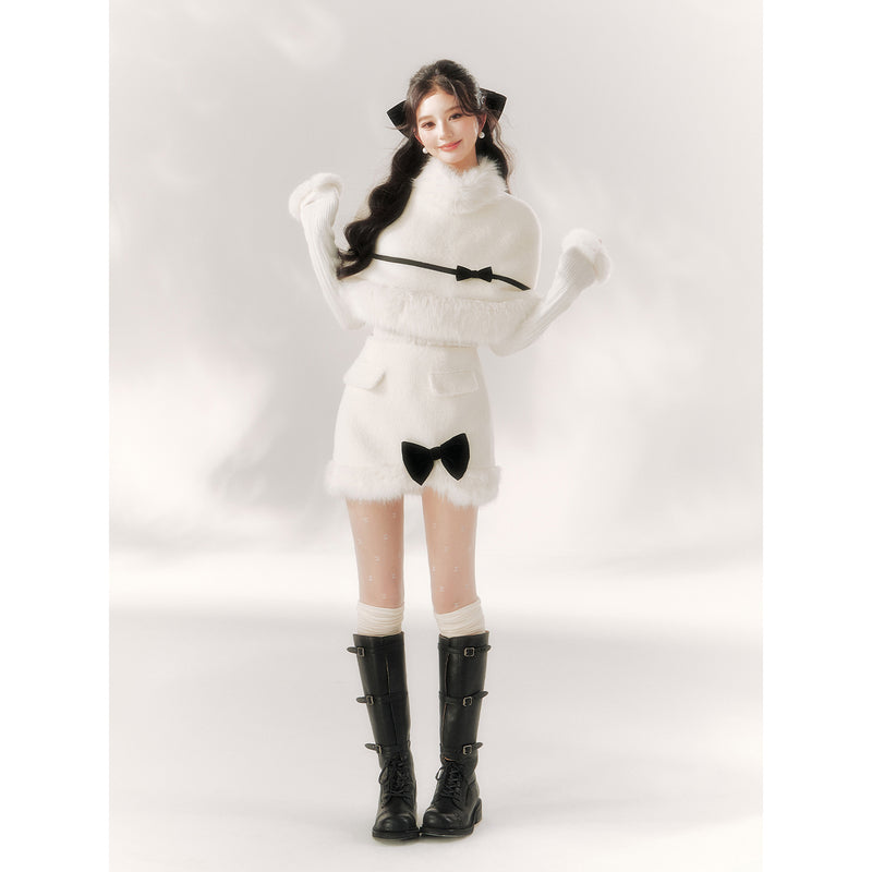 Pure White Ribbon Fur Cape and Skirt