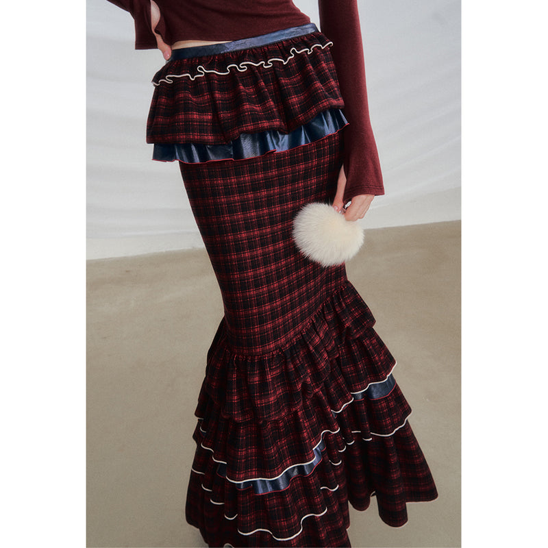 Wine Red Docking Plaid Tiered Skirt