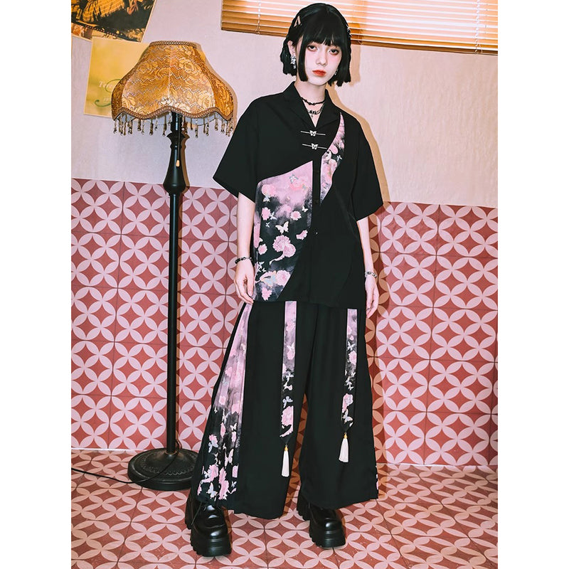 暗夜の花と蝶々のワイドパンツ