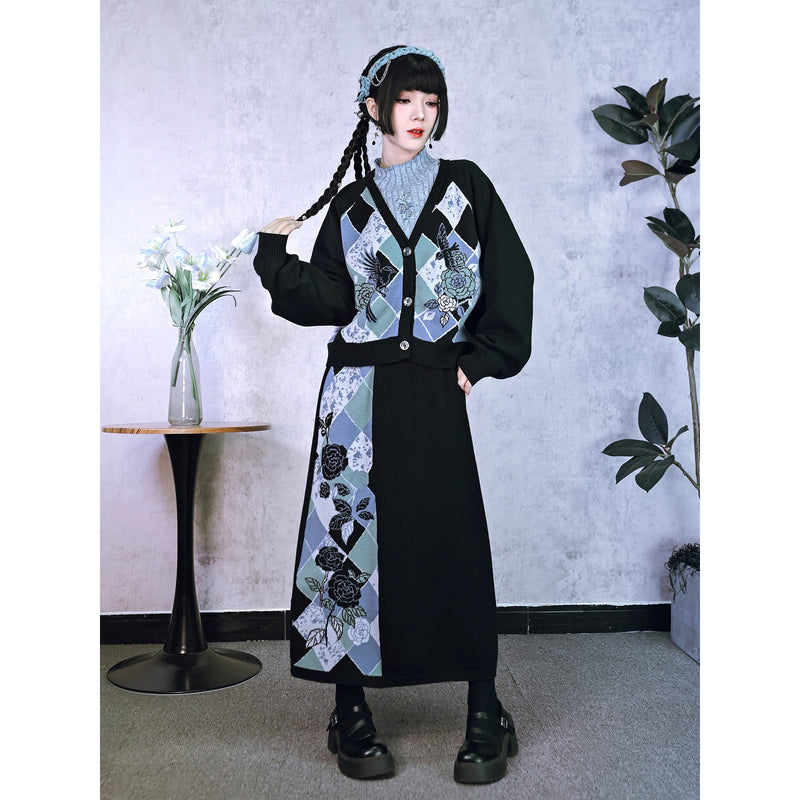 椿の花と鶯の挿絵カーディガンとニットスカート