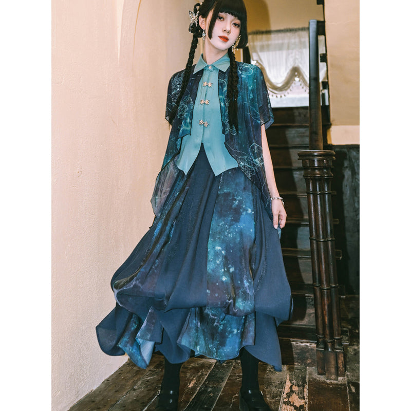 深藍の海月のシフォンブラウス