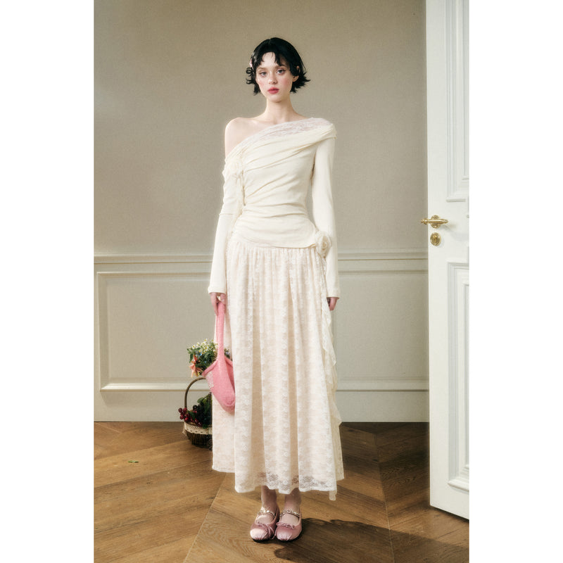 Rose Patterned Lace Top and Long Skirt - Ivory