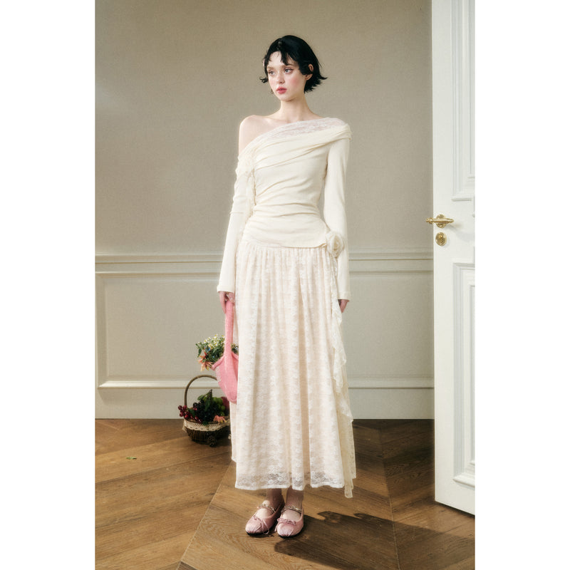 Rose Patterned Lace Top and Long Skirt - Ivory