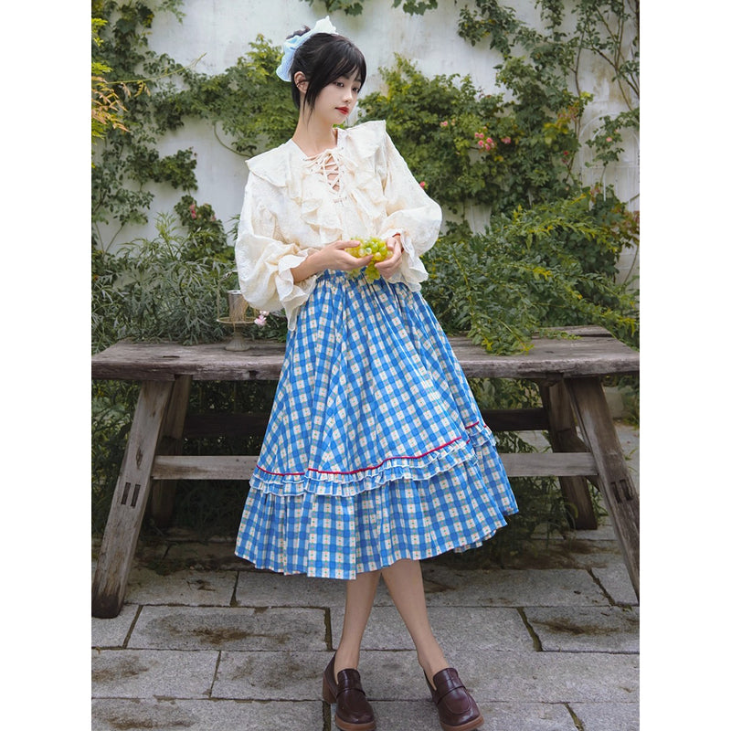 紺碧と花柄の格子柄レトロスカート