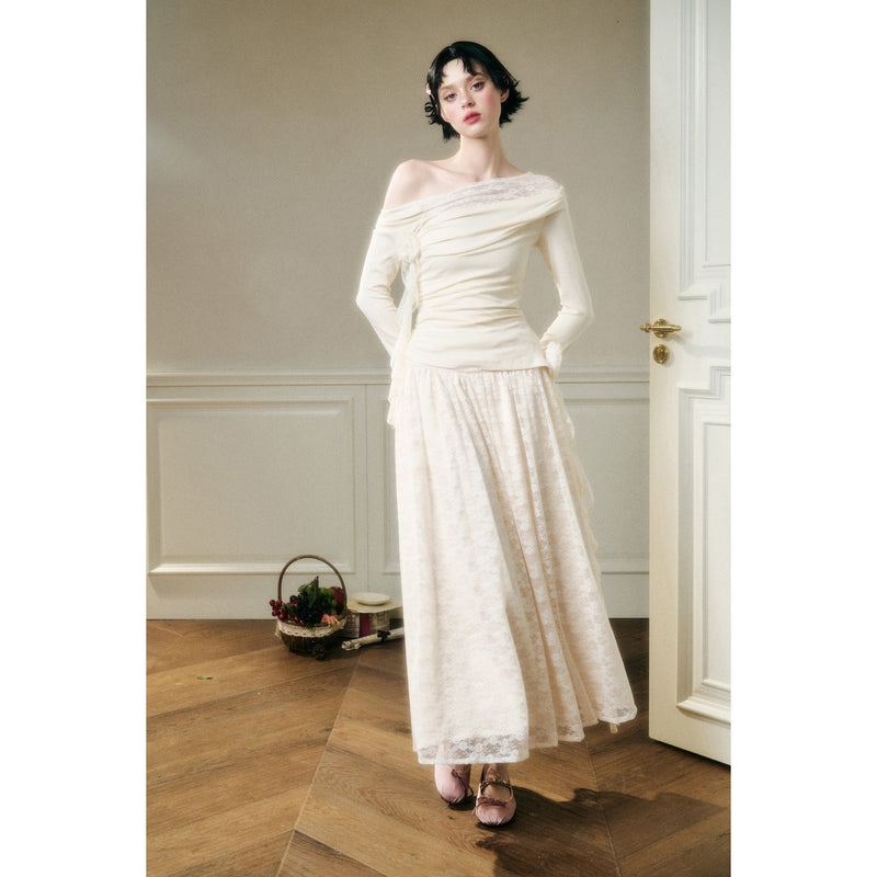 Rose Patterned Lace Top and Long Skirt - Ivory