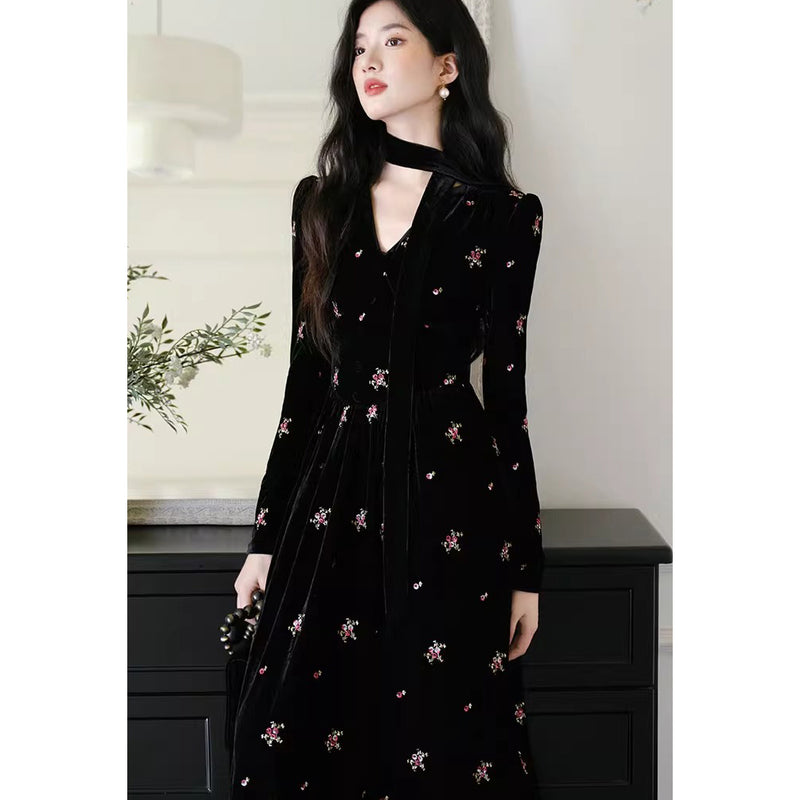 Black Floral Embroidered Velvet Dress
