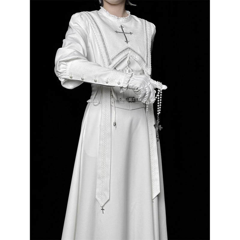 月夜の修道女の刺繍ワンピース - White（レッグオブマトンスリーブ）[2025年12月上旬-2026年1月上旬発送予定]