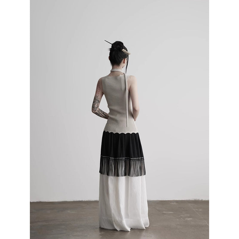 Black and White Fringe Long Skirt