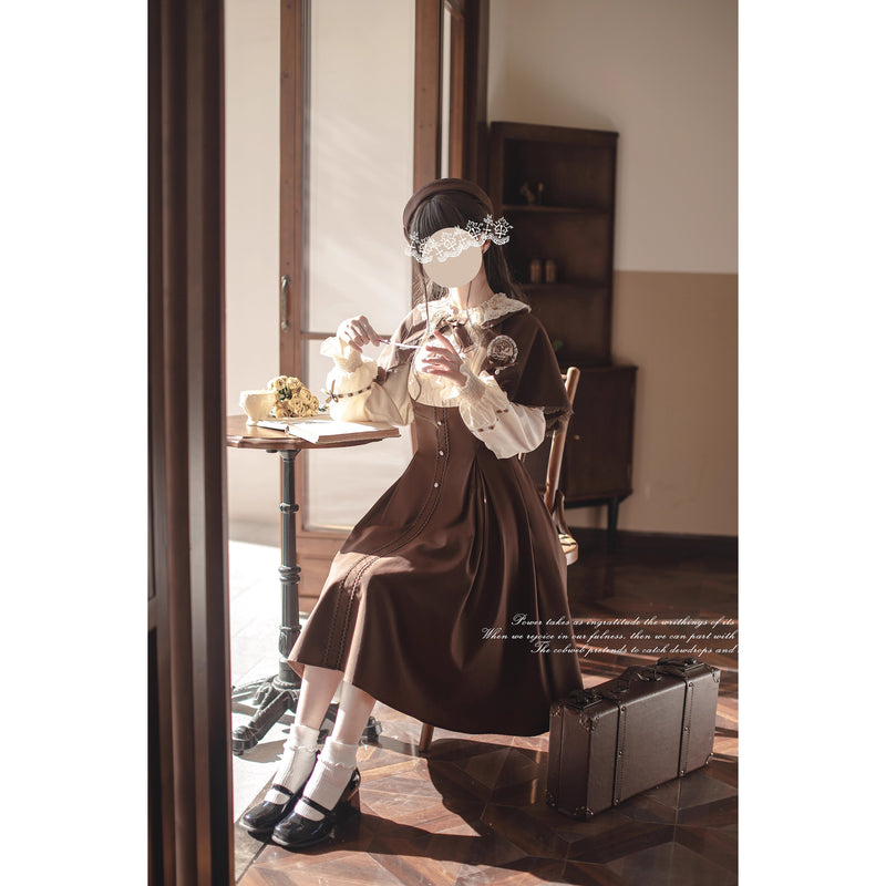 英国令嬢のクラシカルドッキングワンピースとケープ - Brown