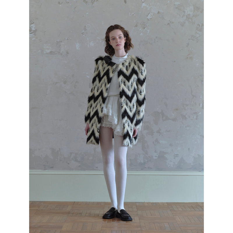 Geometric Pattern and Leather Fur Coat