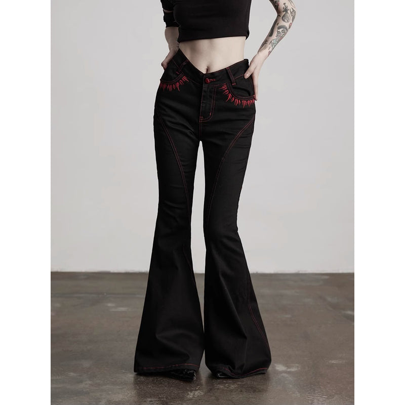 Punk Embroidered Flared Denim Pants