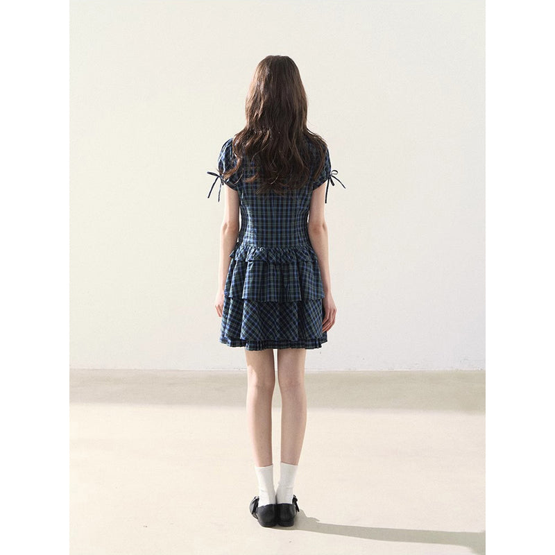 Blue and Green Checkered Tiered Dress