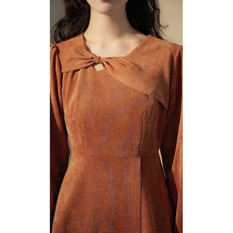 Orange Brown Corduroy Retro Dress