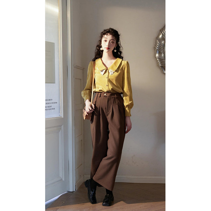 Yellow Floral Embroidered Corduroy Blouse