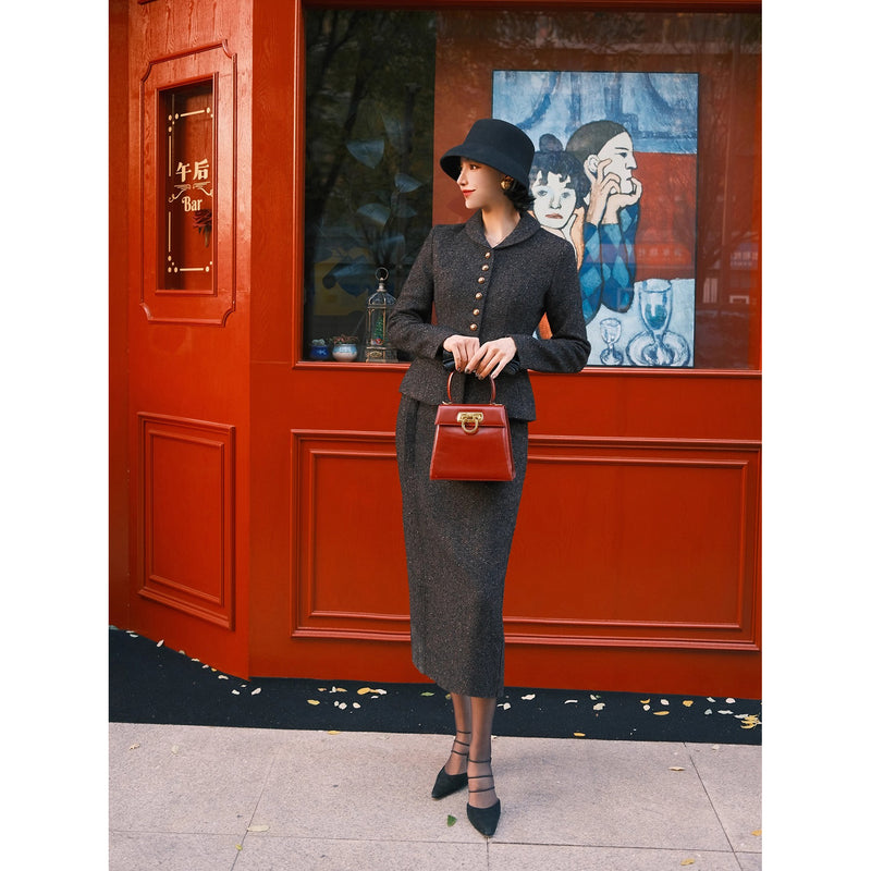 銀幕の貴婦人のツイードジャケットとペンシルスカート - Dark Black