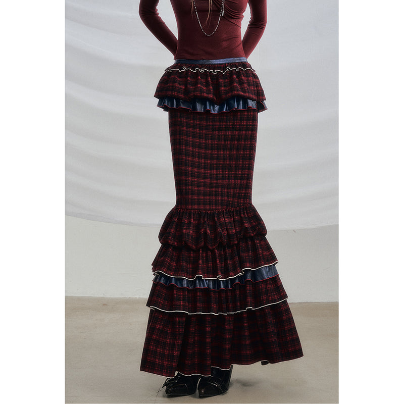 Wine Red Docking Plaid Tiered Skirt