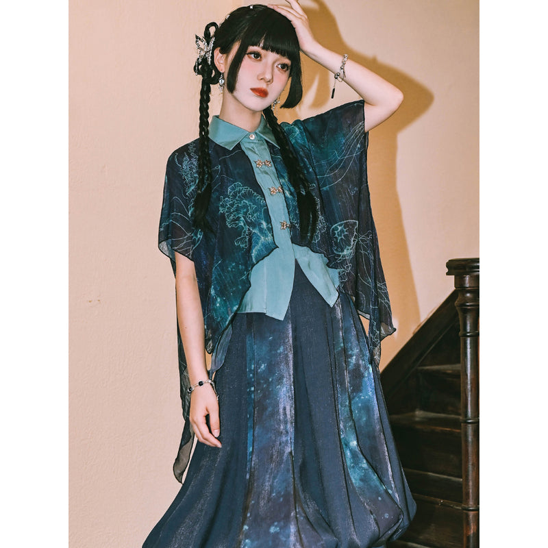 深藍の海月のシフォンブラウス