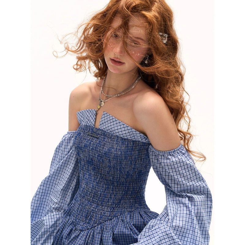 Blue Checkered Shirred Docking Top