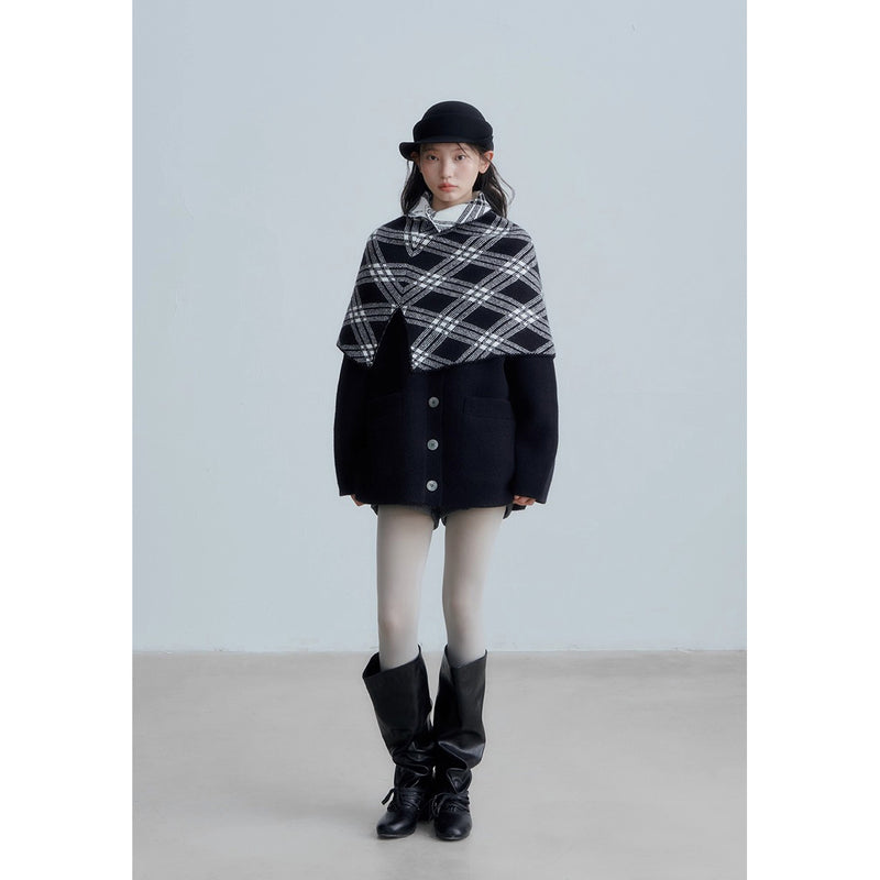 Checkered Cape and Black Knit Cardigan
