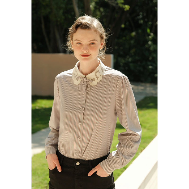 Striped Blouse with Embroidered Collar