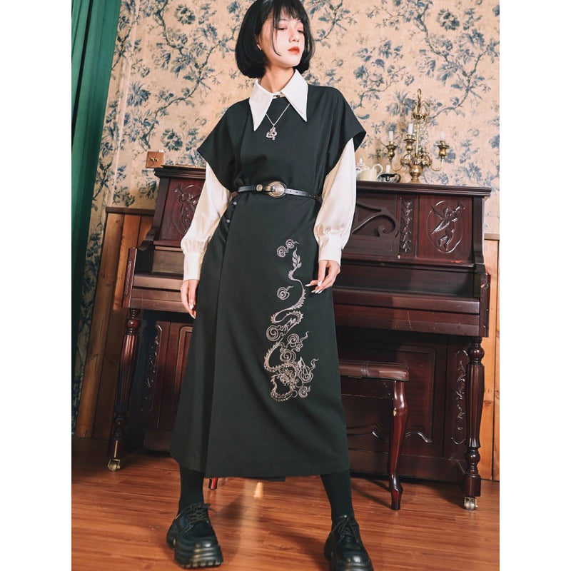 漆黒の龍の刺繍ロングジレワンピース