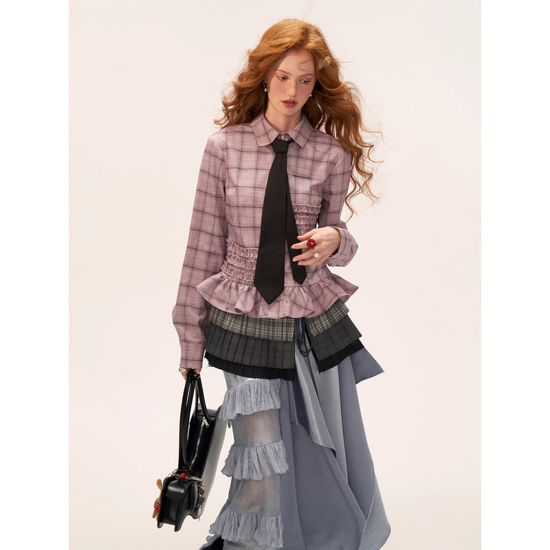 Gray-pink Checkered Ruffle Blouse