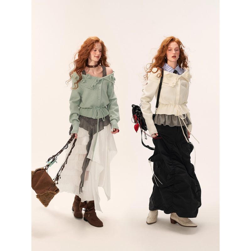 Rose Flower Off-the-shoulder Knit Cardigan