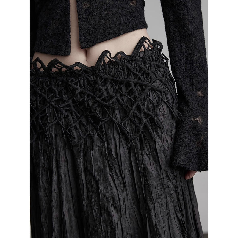 Black Embroidered Pleated Long Skirt