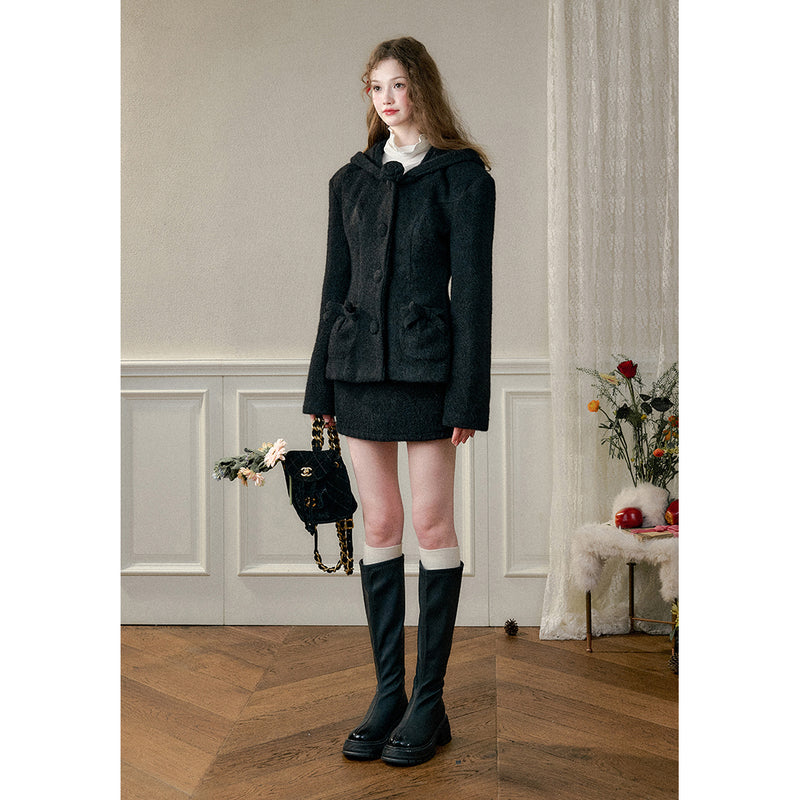 Black Hooded Jacket and Short Skirt