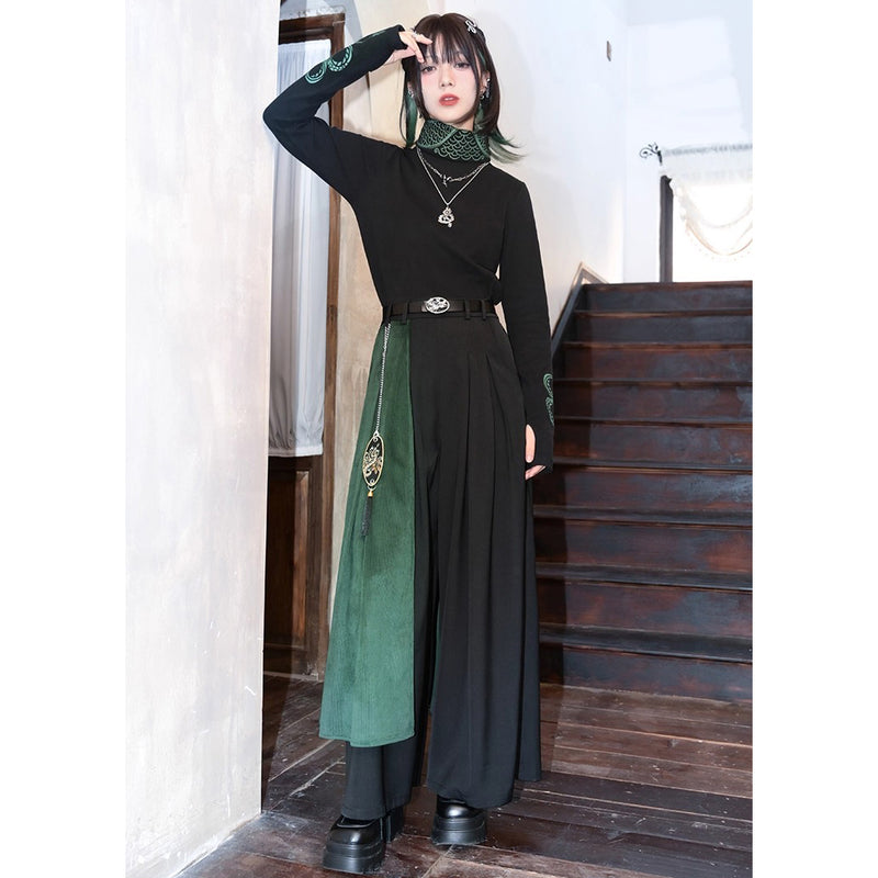黒緑の蛇刺繍ドレープワイドパンツ