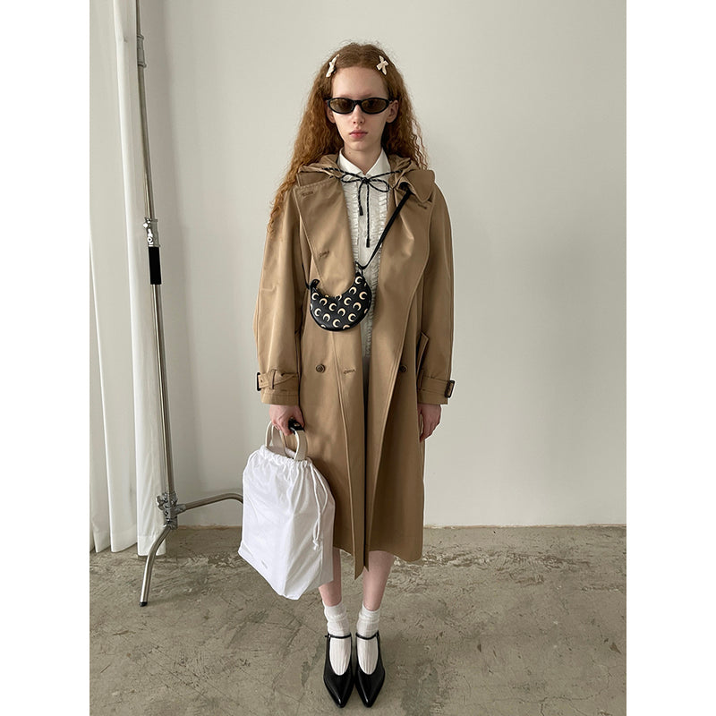 Khaki Doll Collar Detachable Hooded Trench Coat