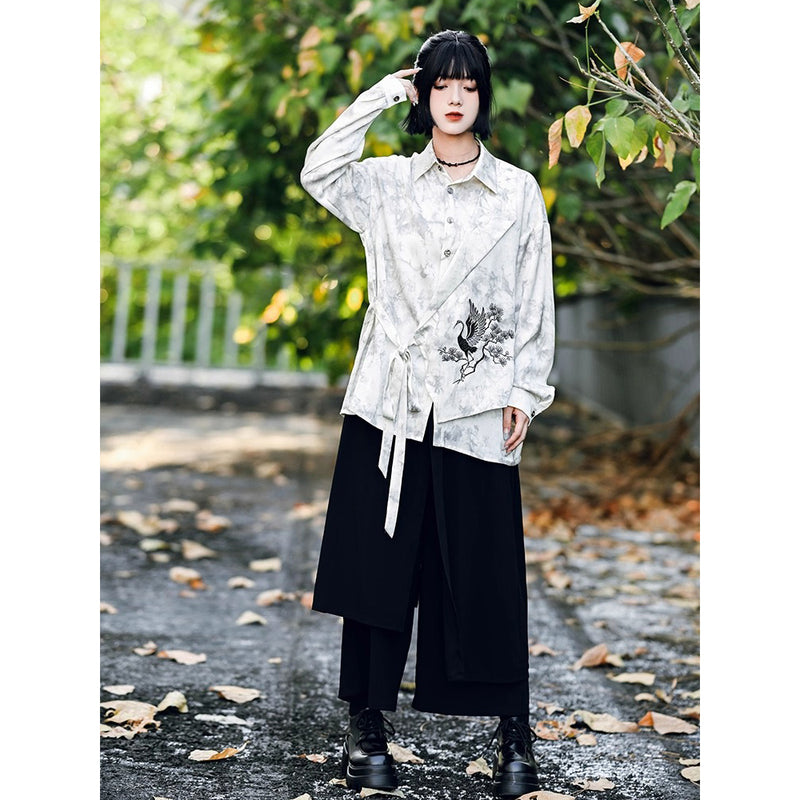梢に留まる鶴の刺繍ブラウス - Ivory