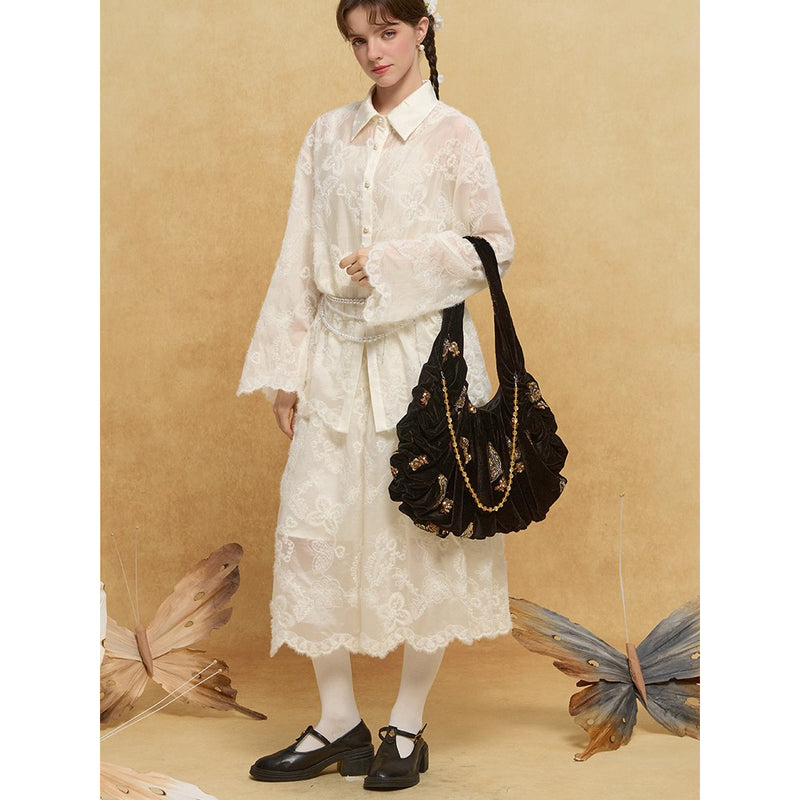 金色の蝶の刺繍ベルベットトートバッグ