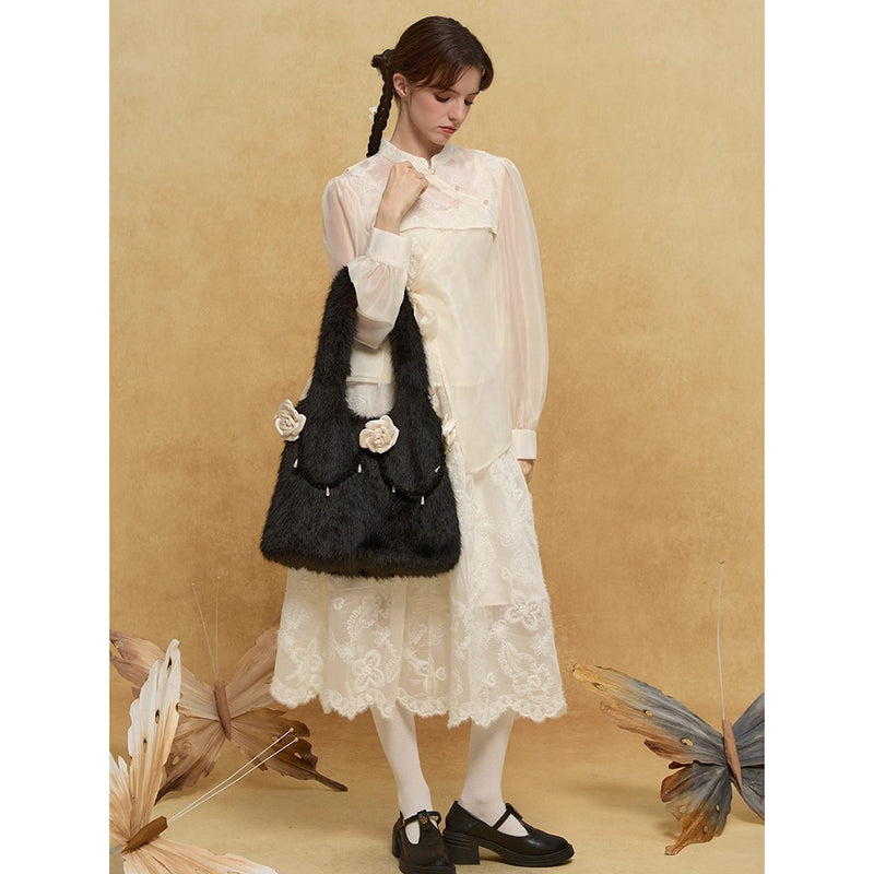 椿の花のファートートバッグ - Black