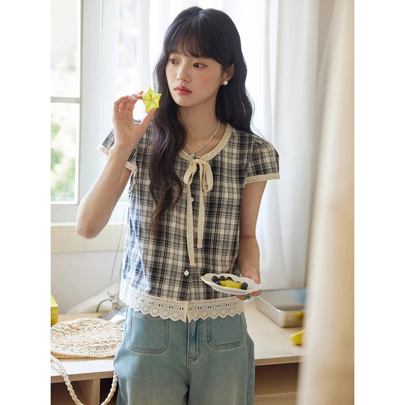 Black and White Checkered Lace Blouse