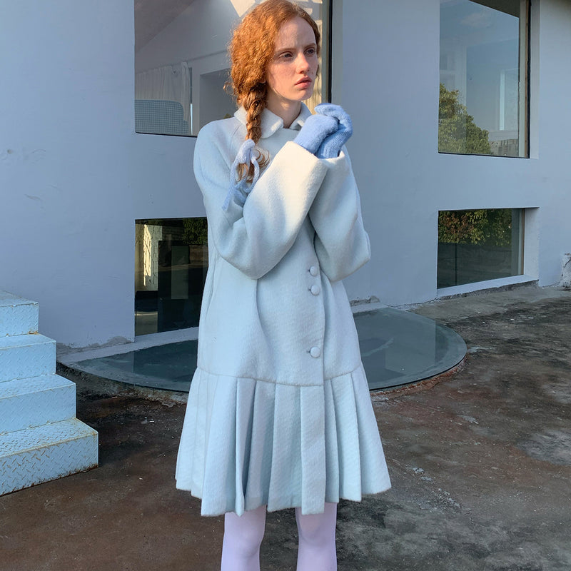 Frosty Blue Wool Pleated Coat Dress