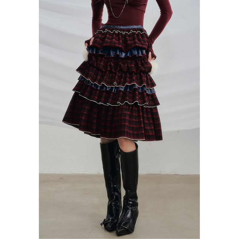 Wine Red Docking Plaid Tiered Skirt