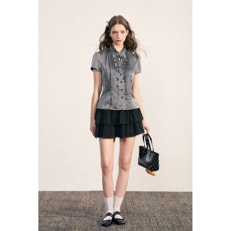 Gray Frill Pleated Blouse