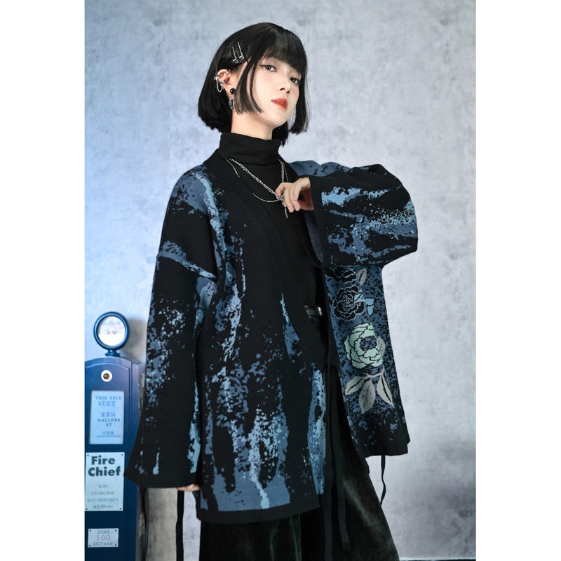 椿の花の刺繍アシンメトリーカーディガン