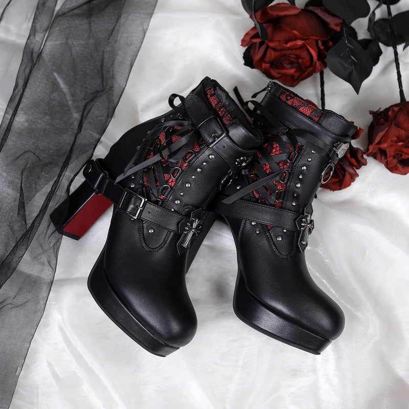 Gothic Lace Ribbon High Heel Boots