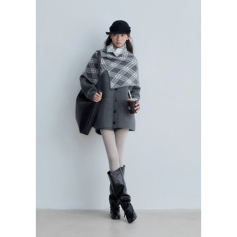 Checkered Cape and Grey Knit Cardigan