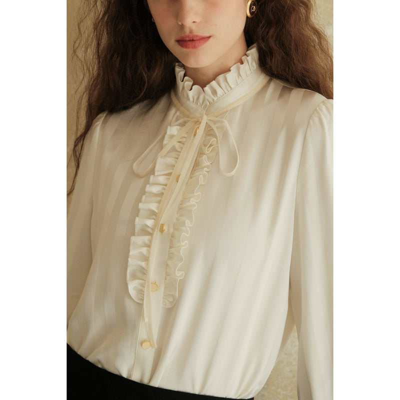 Classical Ruffled Striped Silk Blouse