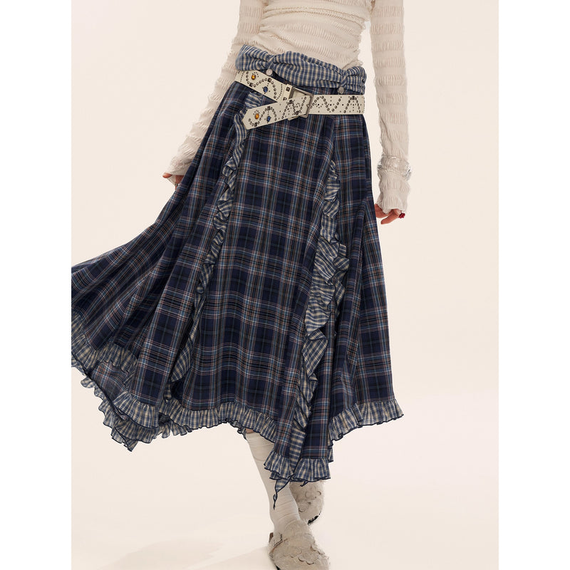 Asymmetrical Ruffled Checkered Skirt