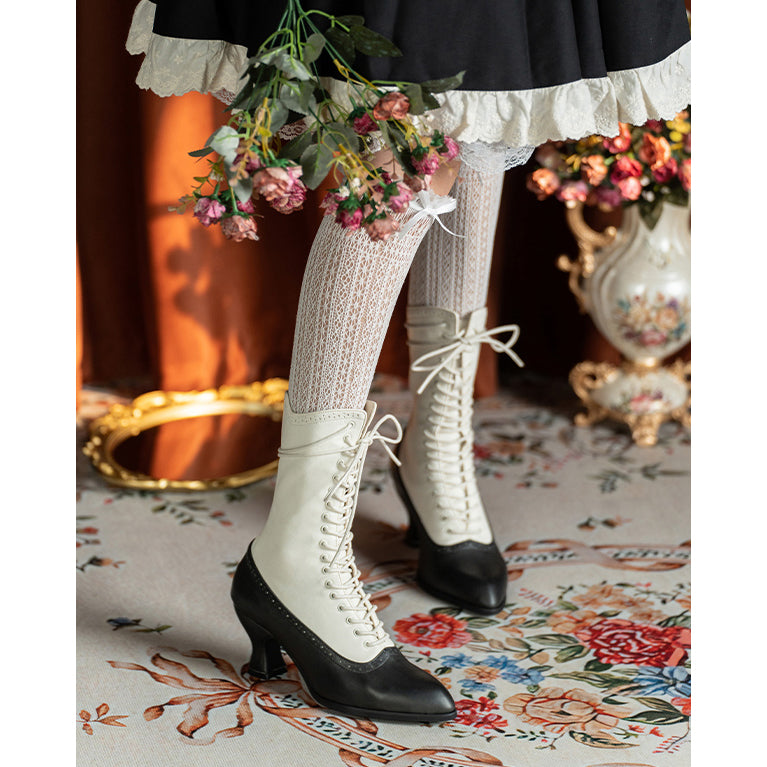 Victorian Pointed Toe Lace Up Boots - Black White