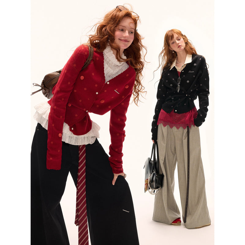 Asymmetrical Polka Dot Knit Cardigan