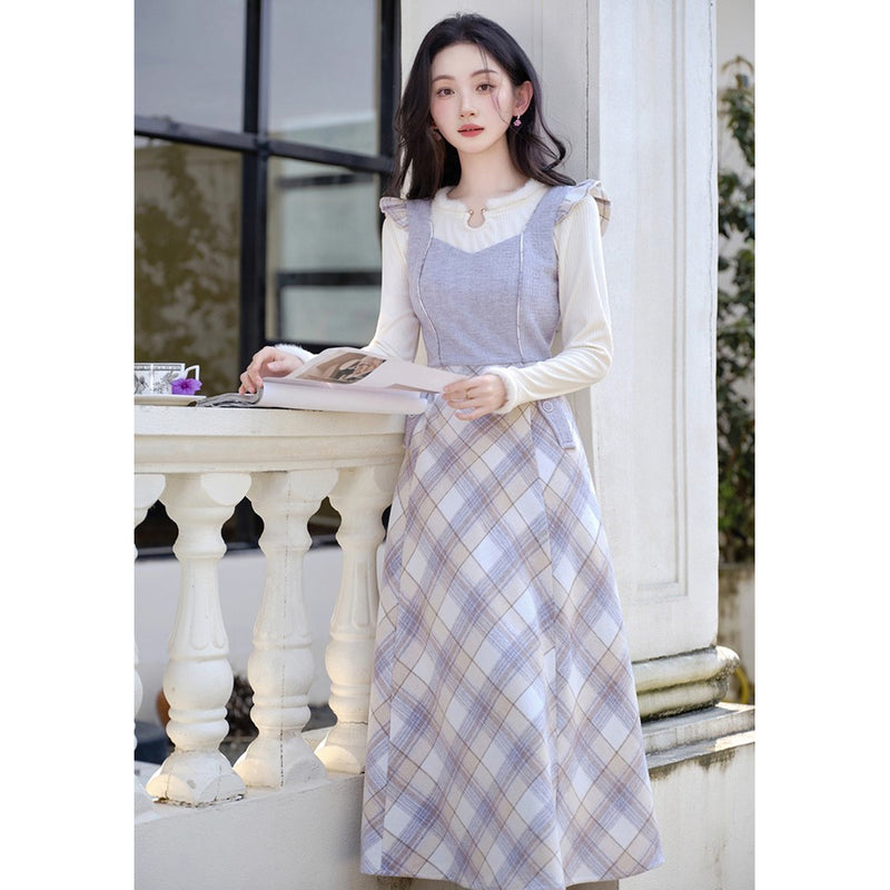 Light Purple Plaid Jumper Skirt and Knit Top