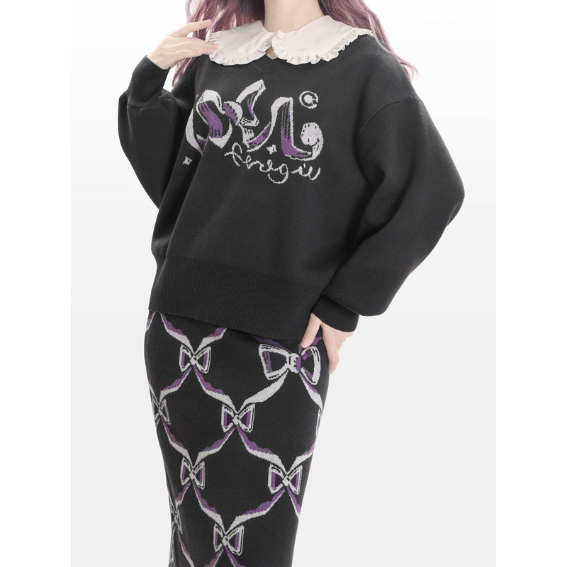 Black and Purple Sweater and Skirt with a Ribbon Pattern[2025年2月下旬-3月中旬発送予定]