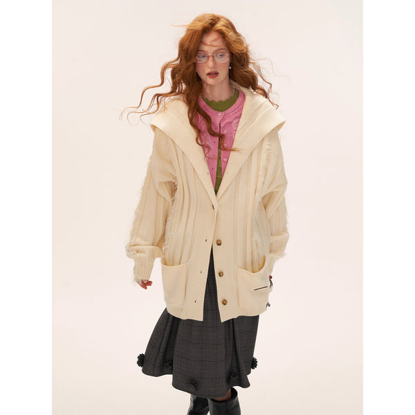 Fur-trimmed Ribbed Knit Cardigan - Ivory