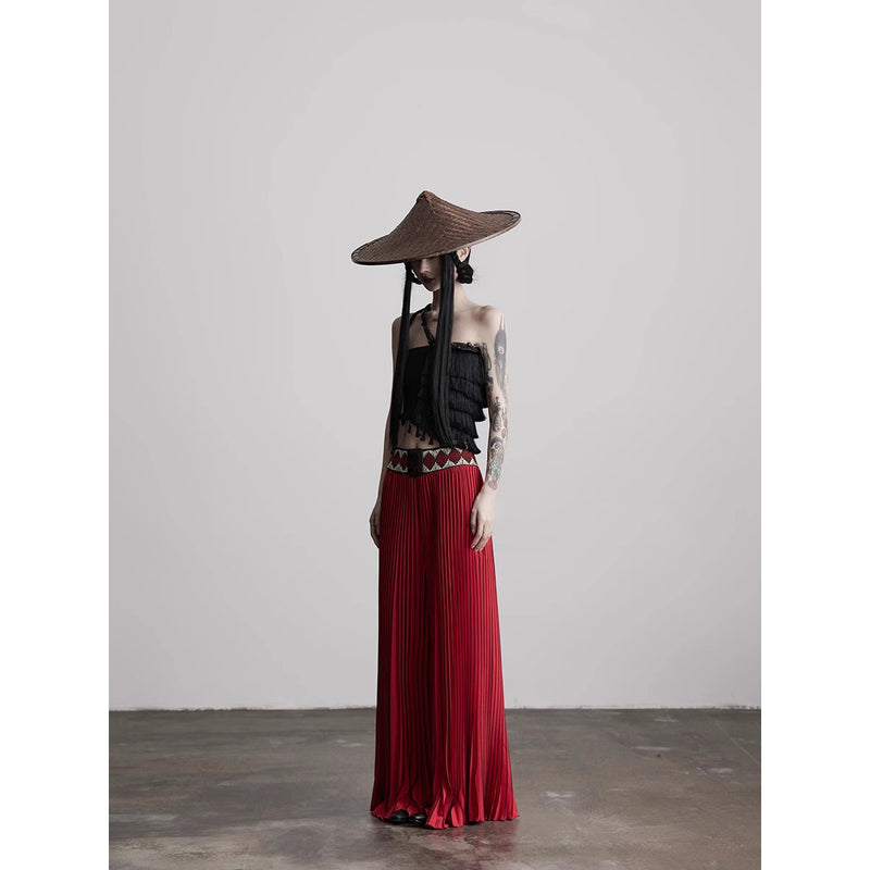 Ethnic Red Pleated Wide Pants