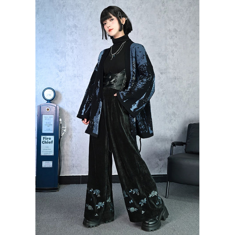 椿の花と鶯の刺繍ワイドパンツ